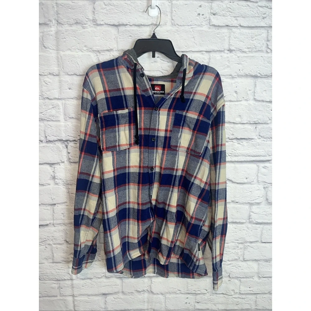 Quicksilver Men's Flannel Cotton Y2K Grunge Button Down Hooded Shirt Size XL - Picture 8 of 8